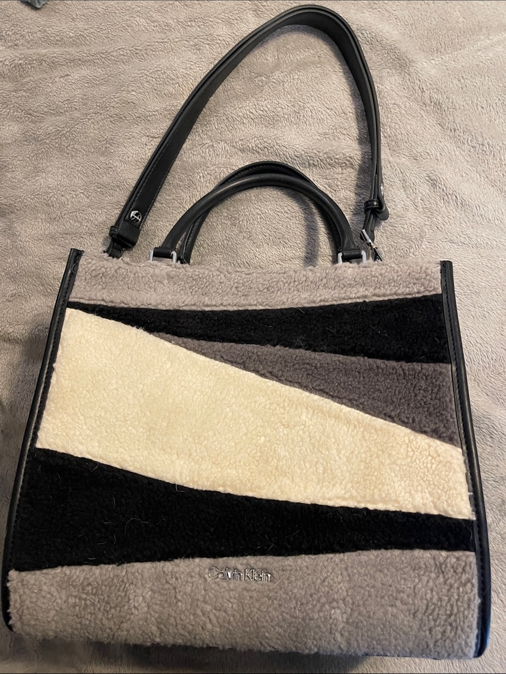 Calvin Klein Black, Gray & Cream Shearling Colorblock Shoulder Tote